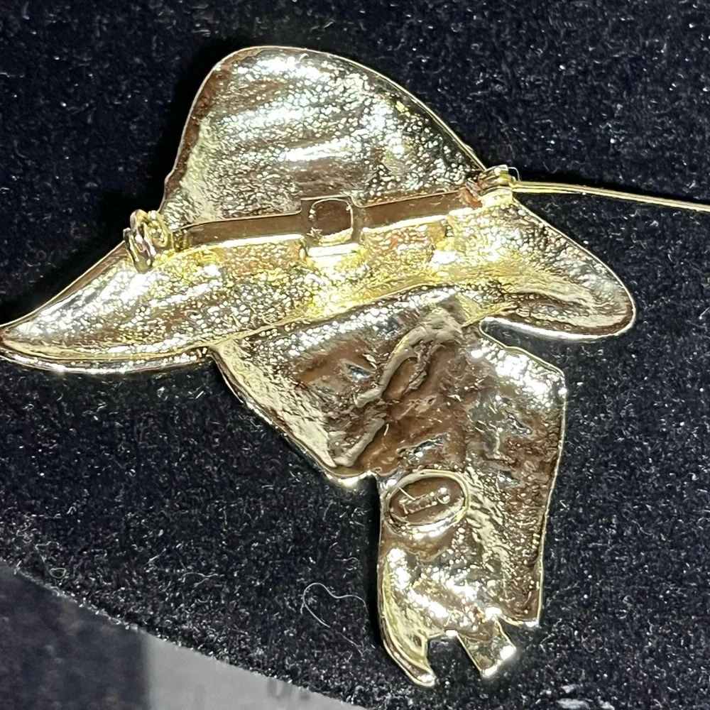 Signed Torino Lady in Wide Brim Hat Brooch Black Enamel Gold Tone Vintage